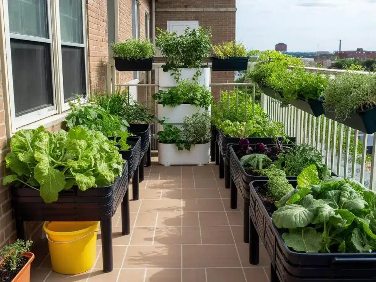 Urban balcony garden filled with thriving vegetables and herbs in containers—ideal for beginners in small apartments.